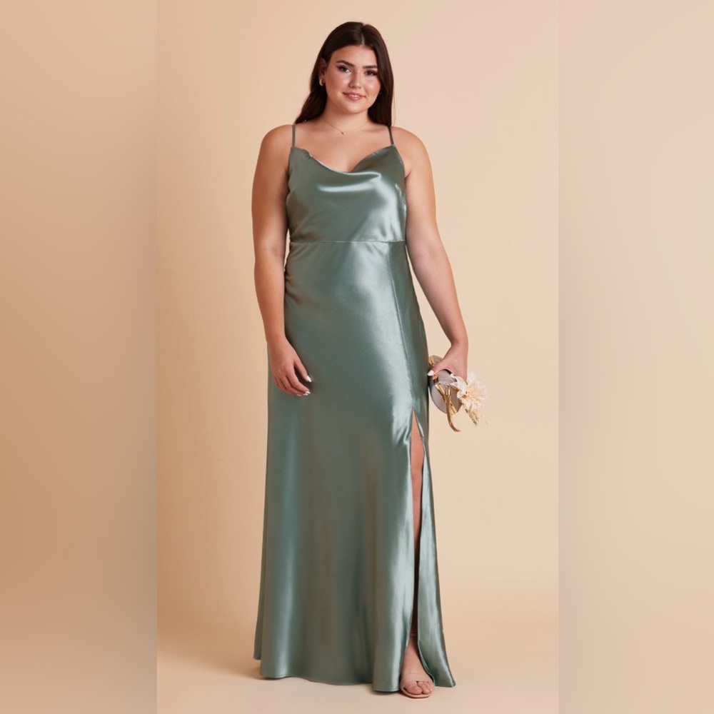 Unaltered Birdy Grey Lisa Shiny Satin Bridesmaid Dress in Sea Glass - Picture 2 of 9